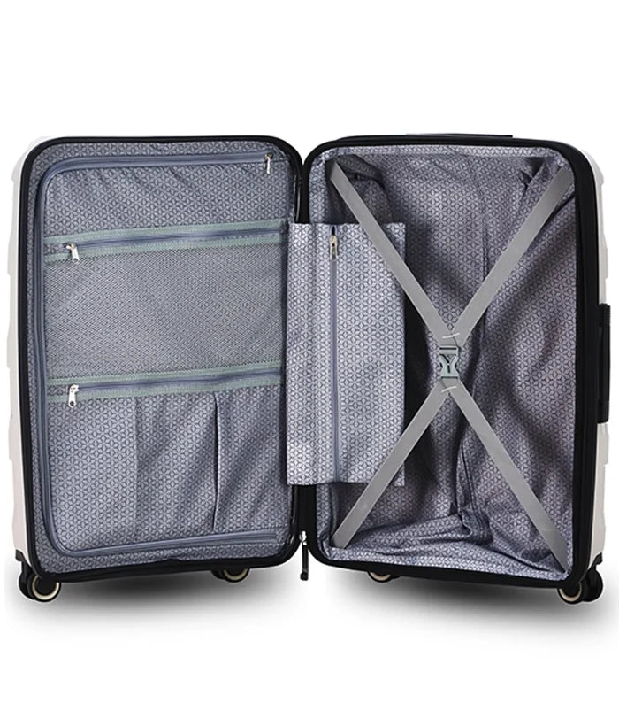 Black hard-shell tosca comet 55 cm carry-on suitcase with gray patterned interior, silver dividers, zip compartments, and easy grip handles