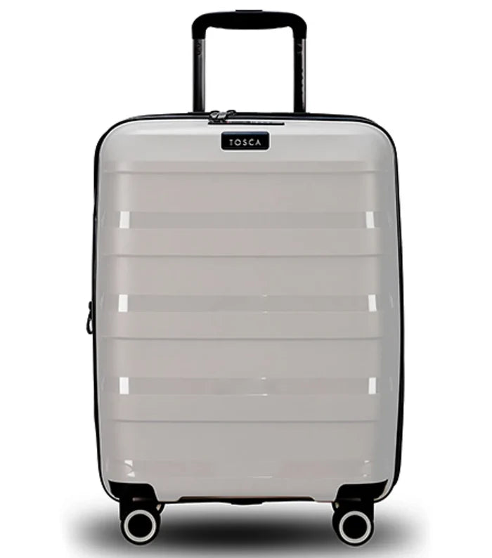 A sleek glossy white tosca comet 55 cm hard-shell carry-on suitcase with black trim and easy grip handles