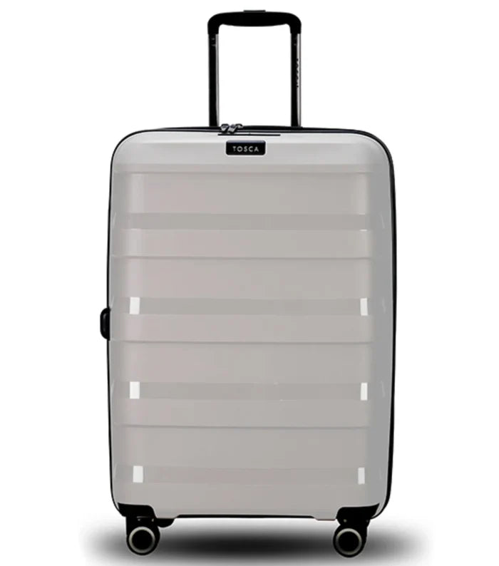 A sleek tosco comet 67 cm hardside medium suitcase in translucent white with easy grip handles and black accents