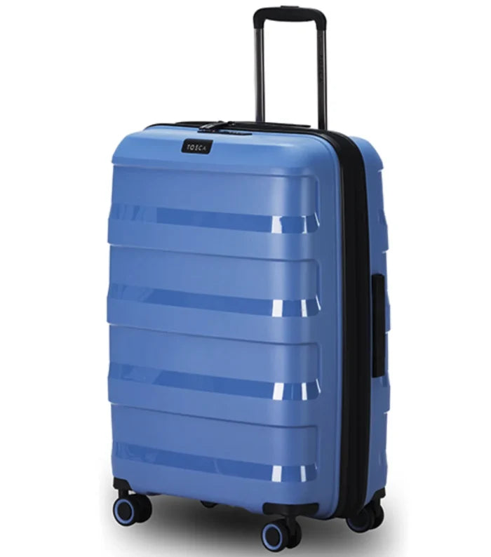 Blue hard-shell tosca comet medium suitcase in infinity blue with easy grip handle and smooth wheels