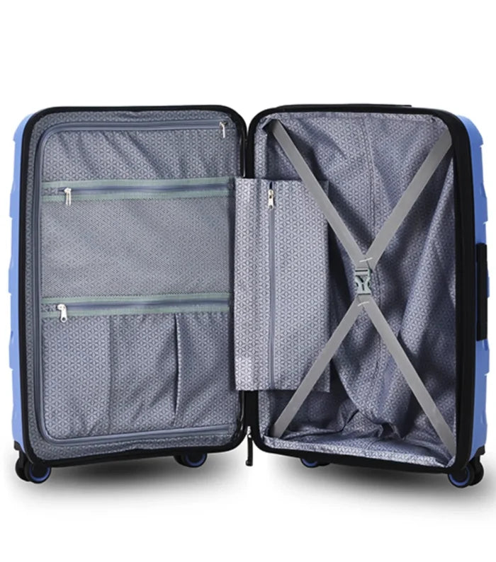 Tosca Comet infinity blue hard-shell medium suitcase with gray lining and easy grip x-shaped divider straps inside