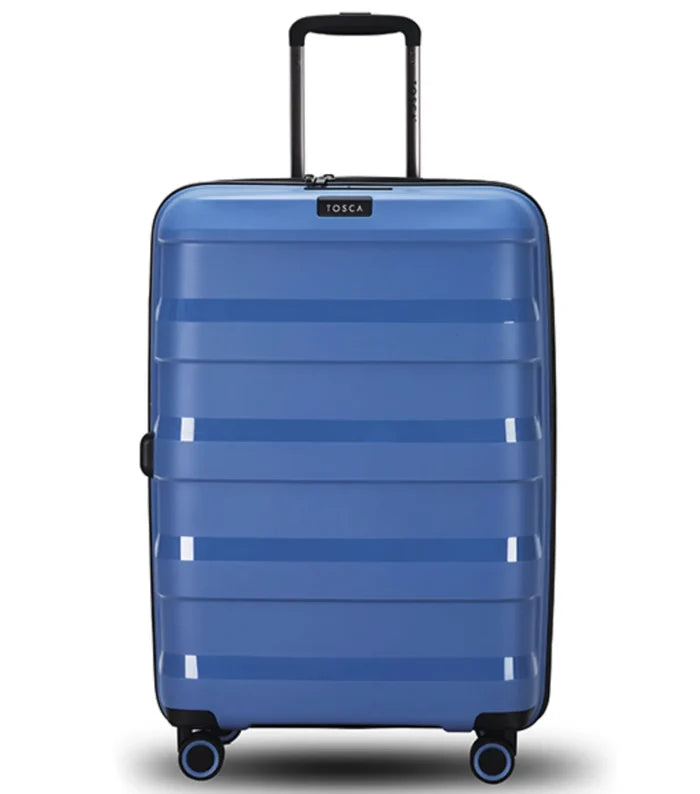 Tosca comet 67 cm hardside medium suitcase in infinity blue with horizontal ribs and easy grip black handle and wheels