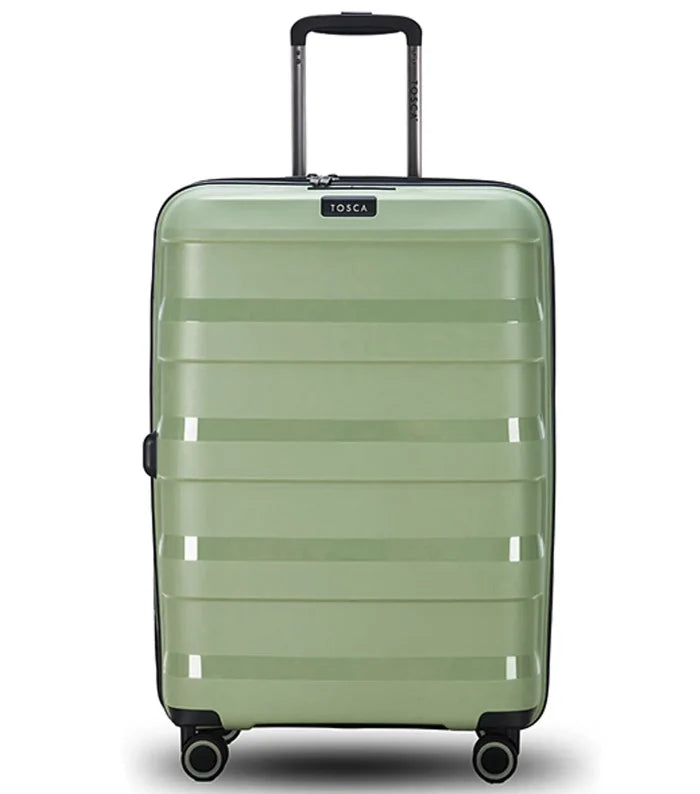 Tosca comet sage 67 cm hardside medium suitcase with light green color easy grip handles and black wheels