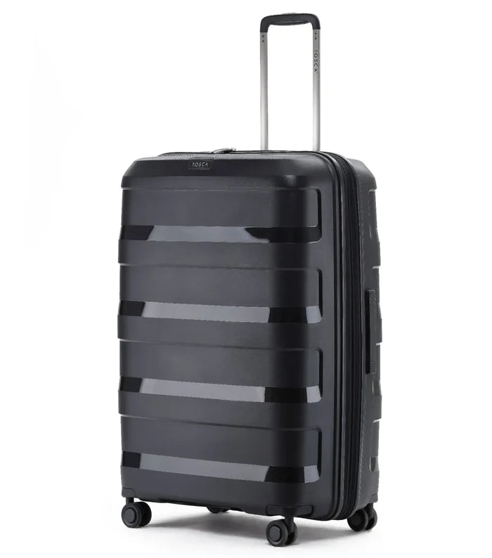 Black tosca comet 78 cm hardside large case with sleek ribbed polypropylene outer shell and four spinner wheels