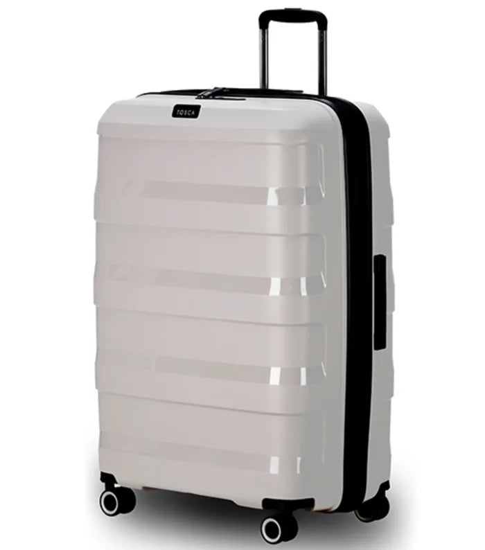 White tosca comet 78 cm large expandable suitcase with black trim polypropylene shell and glide wheels