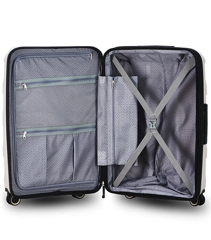 White tosca comet 78 cm large expandable suitcase with black trim glide wheels polypropylene shell and x-shaped divider