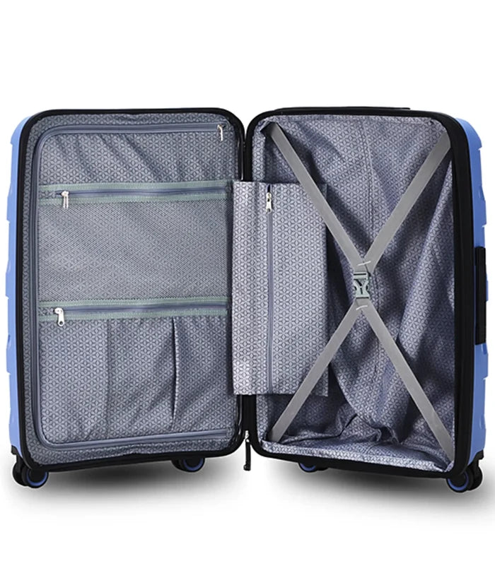 Tosca comet 78 cm large expandable suitcase in infinity blue with glide wheels and gray interior x-shaped divider straps
