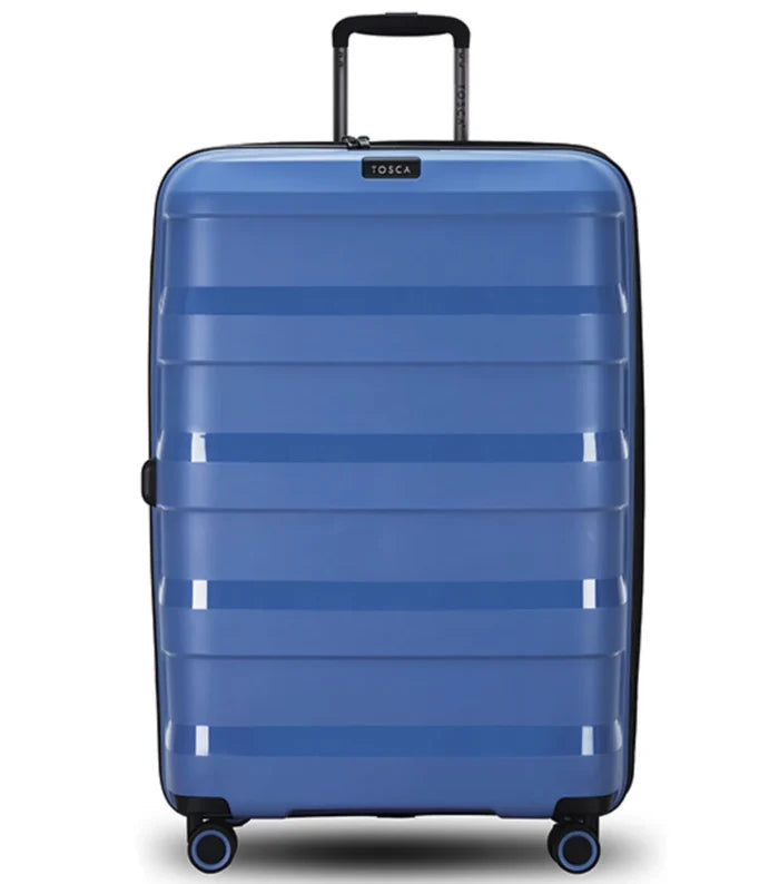Blue tosca hard-shell tosca comet suitcase with glide wheels in infinity blue and horizontal ribbed design