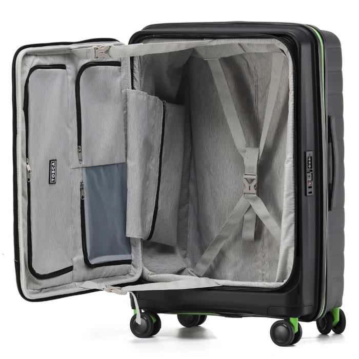 Tosca cruiser black lime hard-shell suitcase with easy grip, front opening, expandable, and multiple compartments