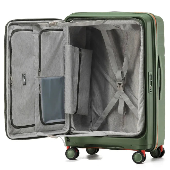 Tosca cruiser 77 cm khaki orange hard-shell suitcase with easy grip red wheels and spacious gray fabric interior pockets