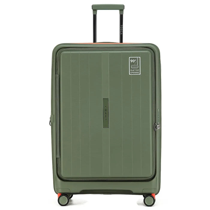 Olive green tosca cruiser hard-shell suitcase with red wheels and easy grip front opening in khaki orange colors