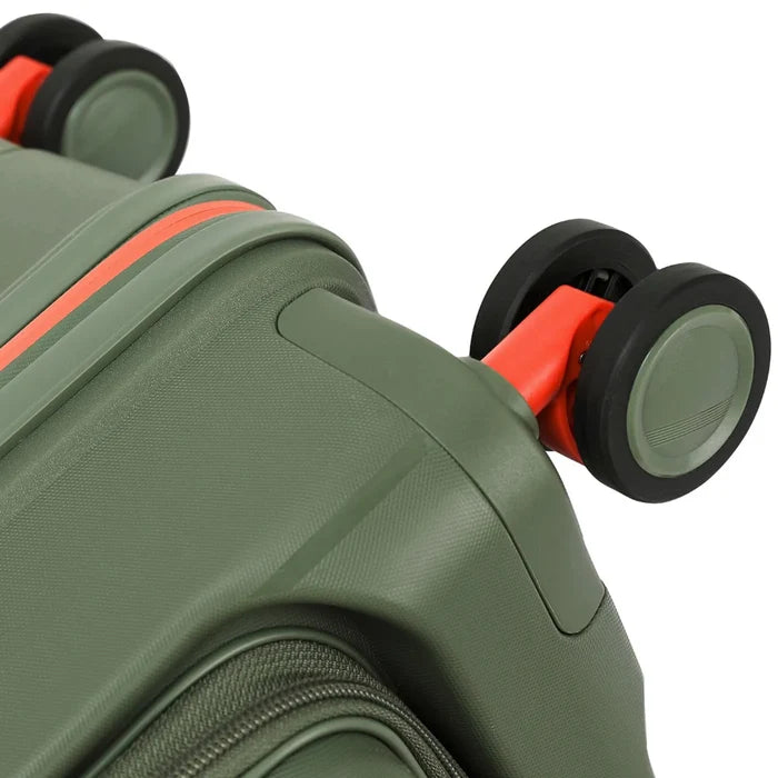 Olive green tosca cruiser hard shell suitcase with bright orange trim dual black spinner wheels and easy grip handle
