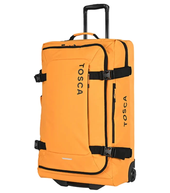 Yellow tosca wheeled duffle bag with black accents made of deluxe pvc and polyester material base for easy travel