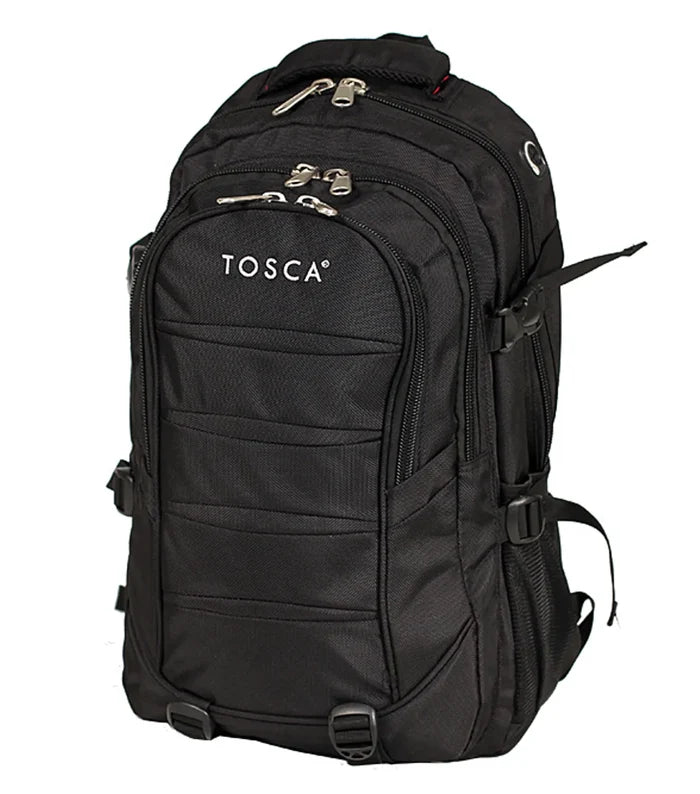 Black tosca deluxe laptop backpack with multiple zippers adjustable straps and a padded laptop compartment