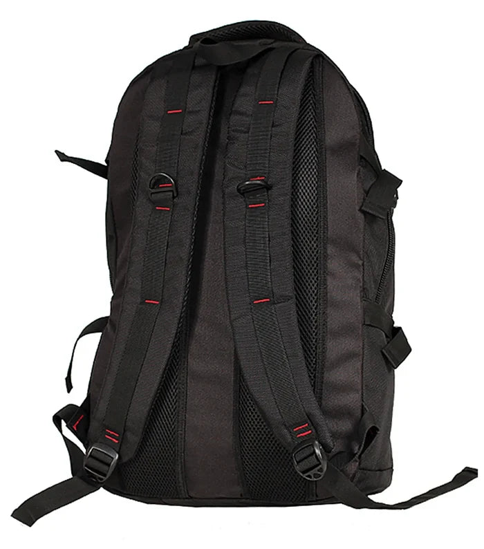 Back view of tosca deluxe black laptop backpack with red stitching mesh panels and padded laptop compartment
