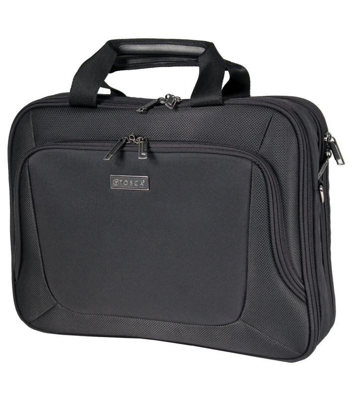 Black toscana oakmont laptop bag with textured fabric and silver zippers perfect for everyday use