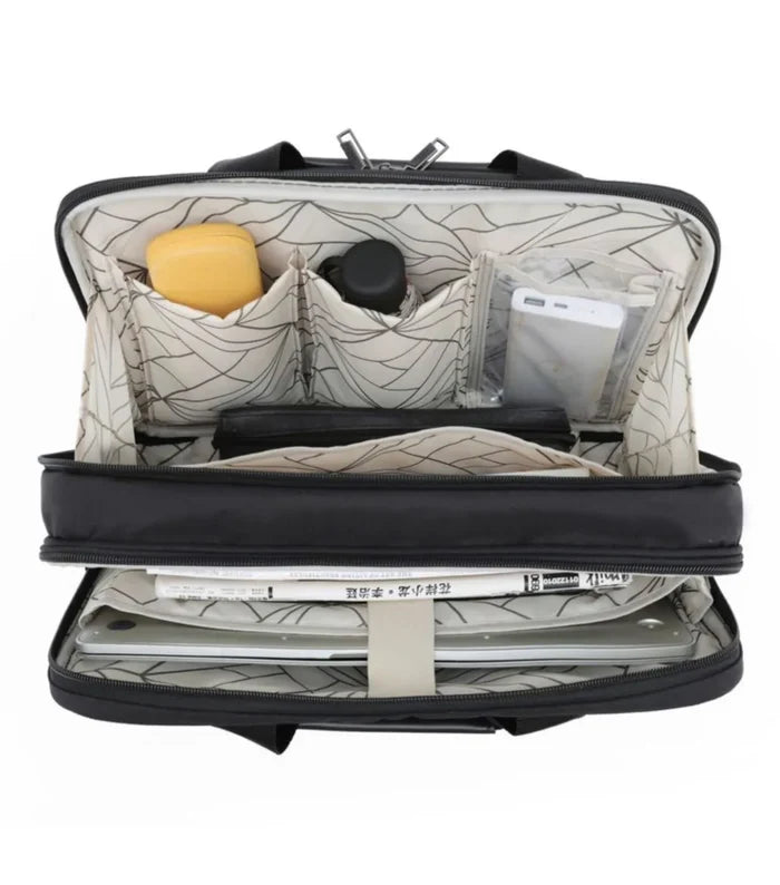 Black oakmont laptop bag with gray and black leaf patterned interior lining perfect for daily use