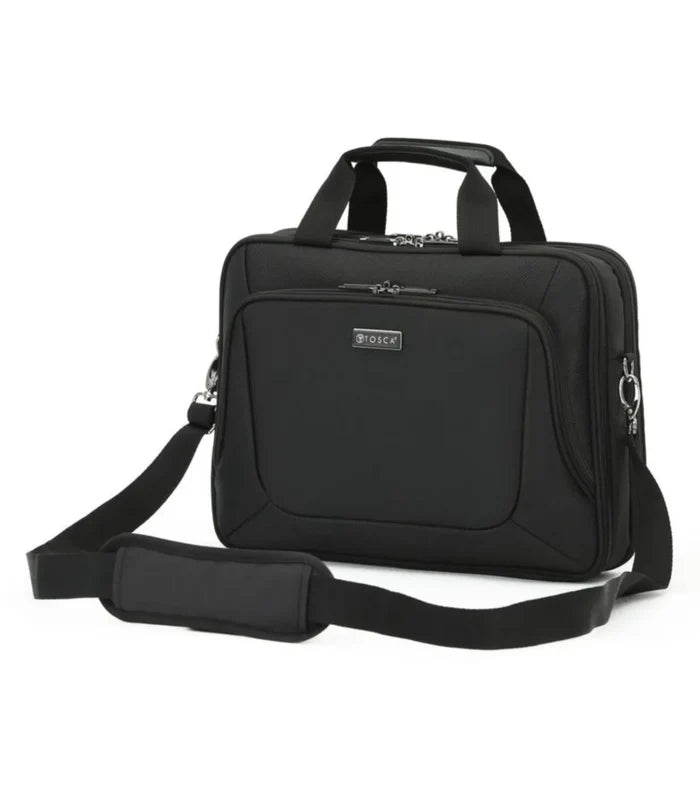 Black tosca oakmont laptop bag with structured design dual zippers and adjustable shoulder strap for secure carry