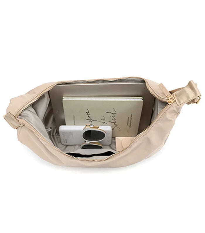 Beige nylon tosca harlow hobo bag with gold-tone zipper and adjustable strap perfect for everyday use