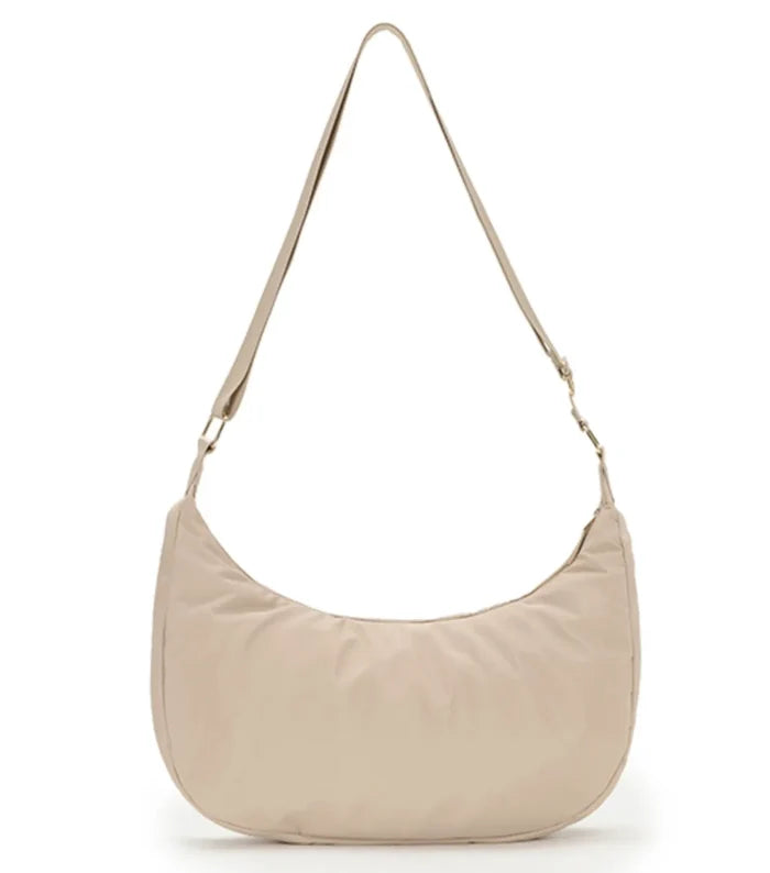 Beige nylon tosca harlow hobo bag with long adjustable strap perfect for everyday use