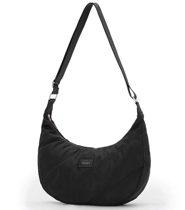 Black fosca crescent-shaped tosca harlow hobo bag with sleek minimalist design and durable fabric material