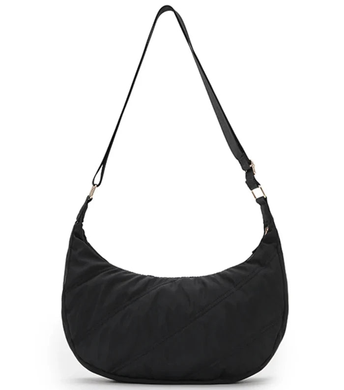 Black nylon tosca harlow hobo bag with a sleek curved silhouette and adjustable shoulder strap perfect for daily use