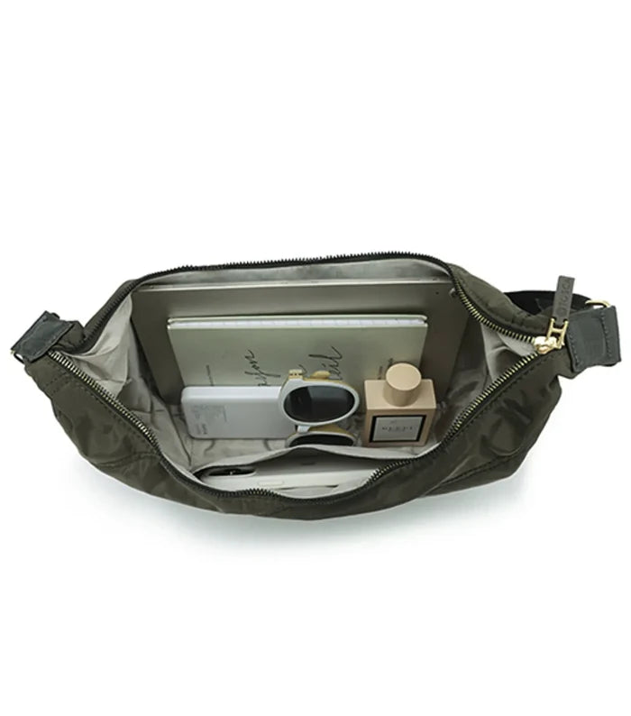 Olive green nylon tosca harlow hobo bag with gold-tone zipper and adjustable strap khaki stitch harlow hobo bag