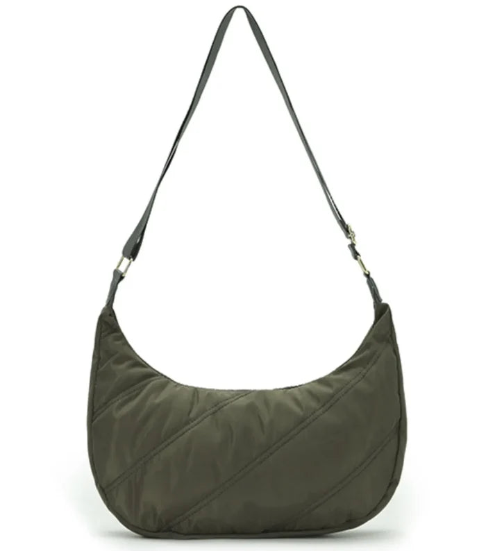 Olive green quilted nylon tosca harlow hobo bag with a black leather strap perfect for everyday use