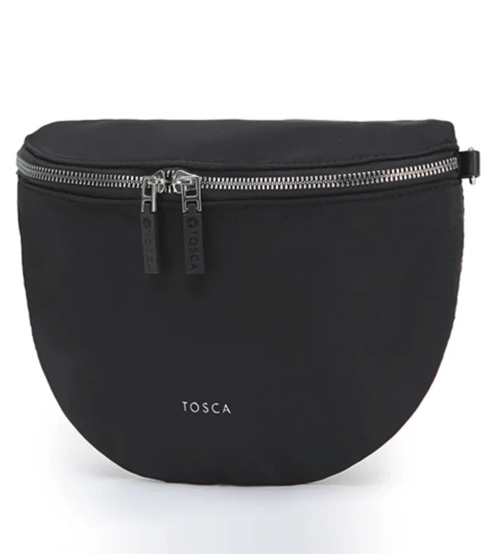 Black tosca sling bag made of composite memory nylon with sleek curved design and silver zipper accents