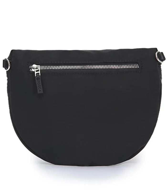 Black tosco harlow sling bag with curved silhouette silver zipper made of composite memory nylon
