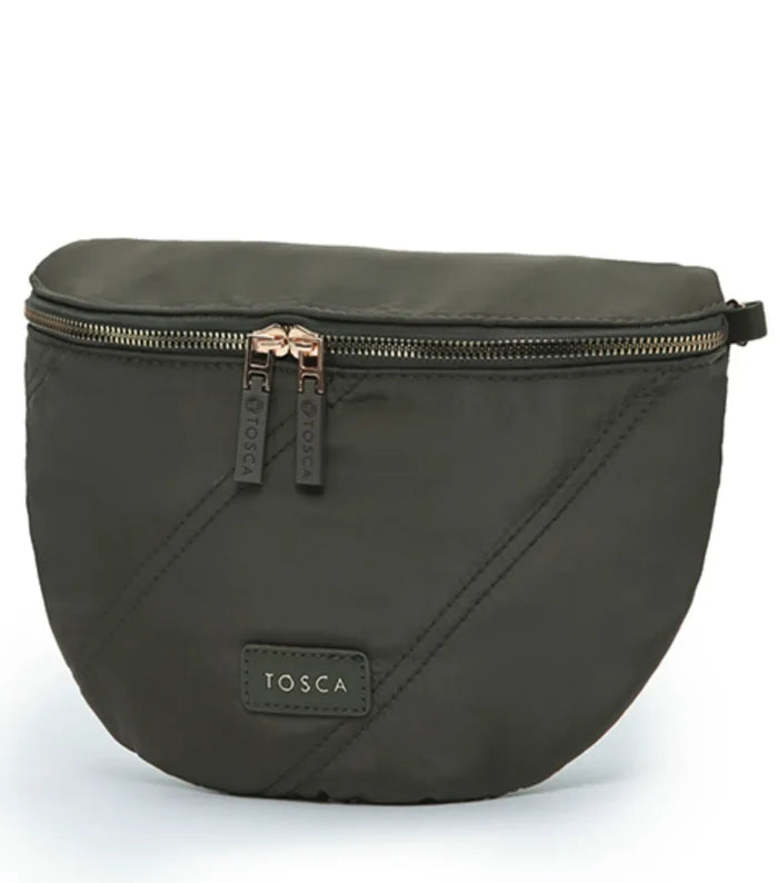 Olive green tosca sling bag with quilted composite memory design and rose gold zipper pulls in khaki stitch style
