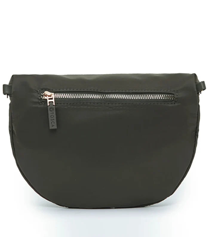 Dark olive green tosca sling bag with khaki stitch composite memory and silver-toned zipper details