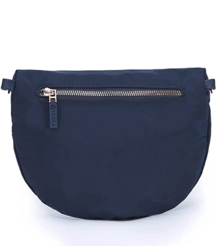 Navy stitch tosca harlow sling bag in navy blue nylon with gold-tone zipper and matching pull tab for easy access