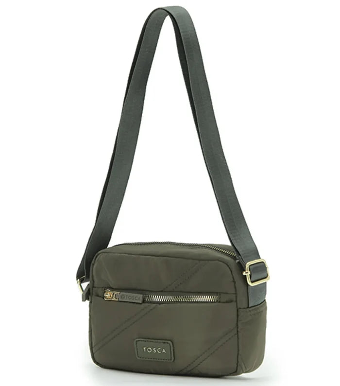 Olive green quilted memory nylon shoulder bag with khaki stitch and gold-tone hardware by tosca harlow