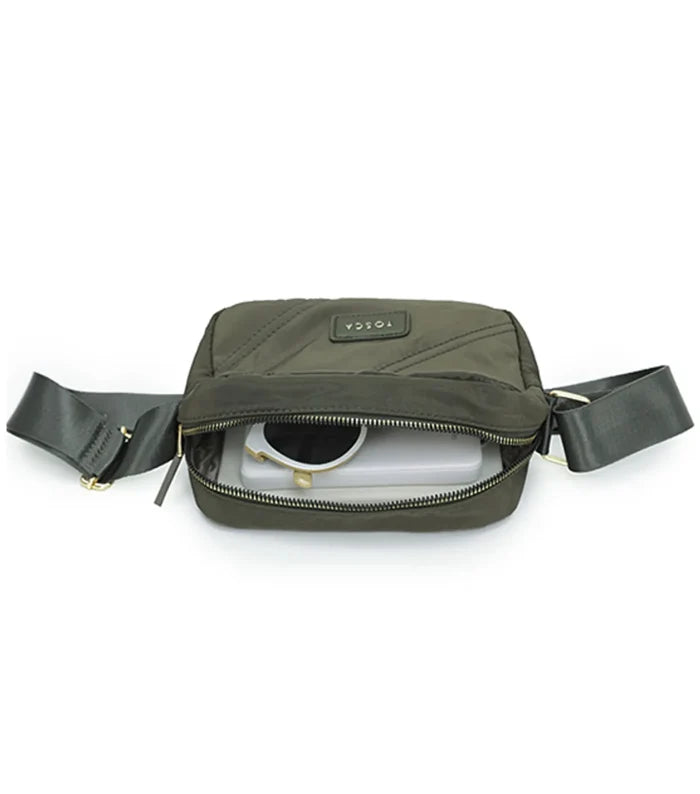 Olive green tosca shoulder bag with quilted memory nylon fabric and black adjustable strap in khaki stitch design
