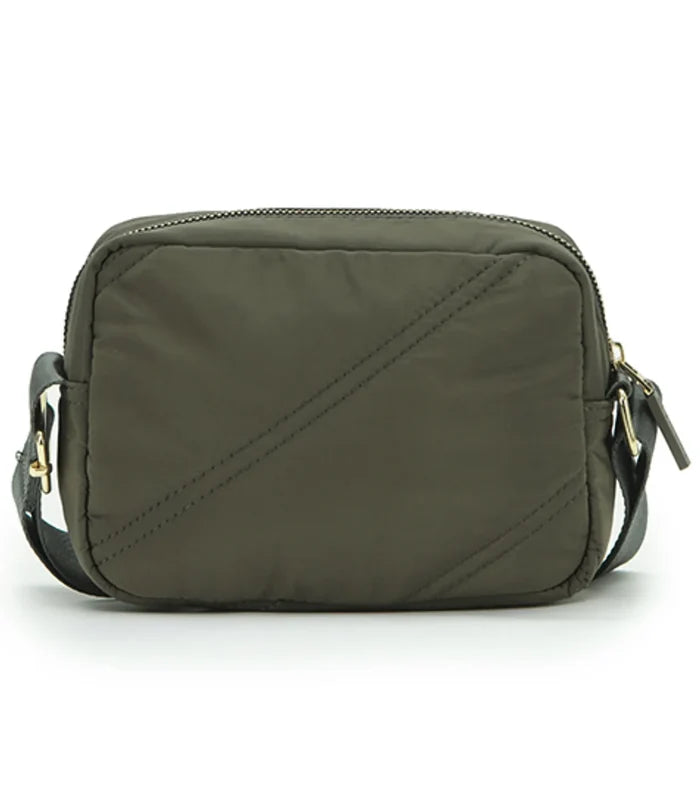 Olive green memory nylon shoulder bag with diagonal khaki stitch and gold tone hardware perfect for everyday use