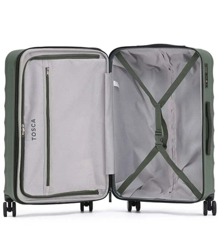 Olive green tosca interstellar 2.0 lightweight polycarbonate suitcase set with reinforced straps and expandable dimensions