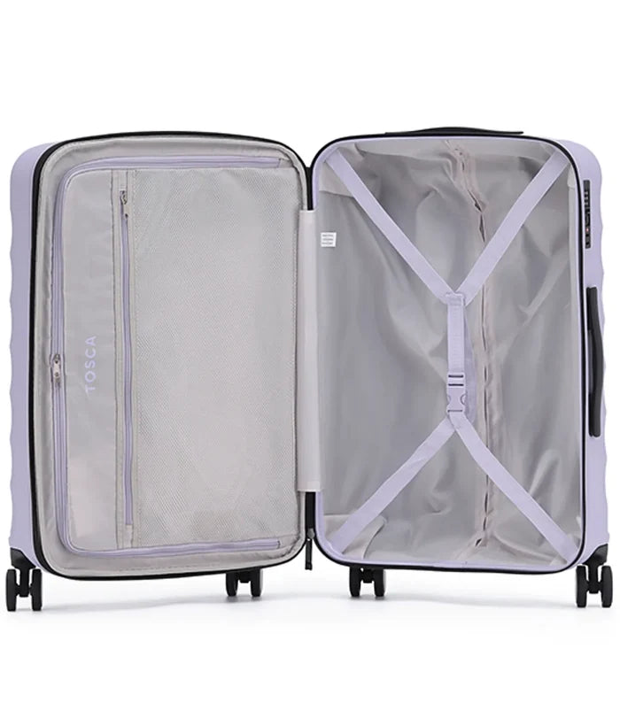 Lavender tosca interstellar 2.0 hard-shell suitcase with built-in x divider in a suitcase set of three sizes and litres dimensions