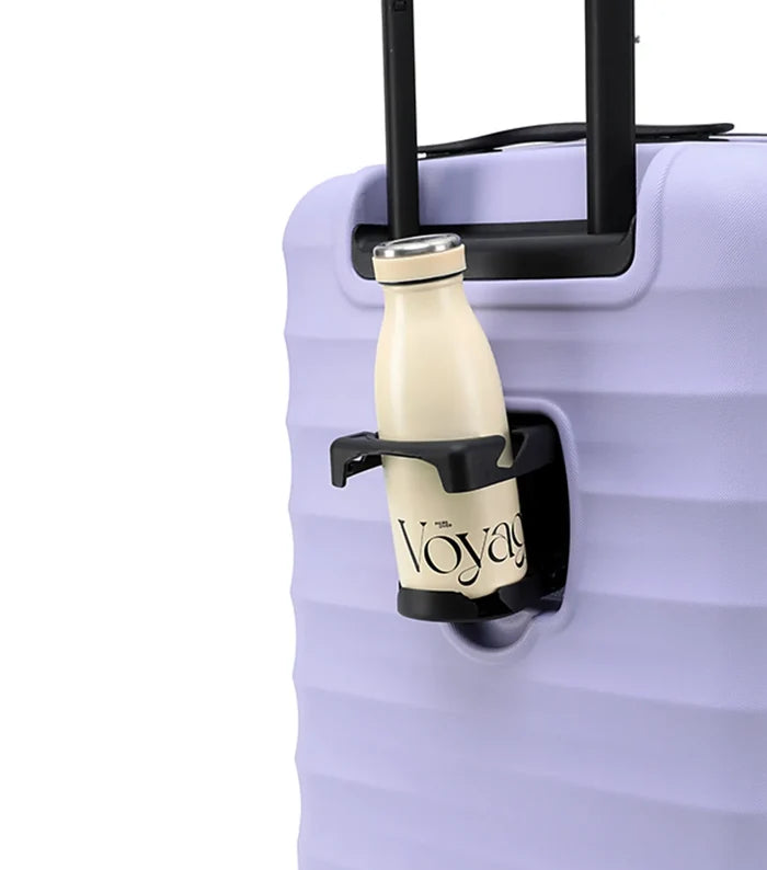 Cream insulated water bottle with black cap shown with tosca interstellar 2.0 lavender suitcase set in three sizes with litres dimensions