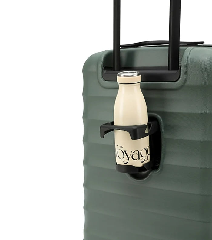 Cream-colored insulated water bottle with black grip by voyage alongside lightweight polycarbonate tosco interstellar 2.0 suitcase set dimensions