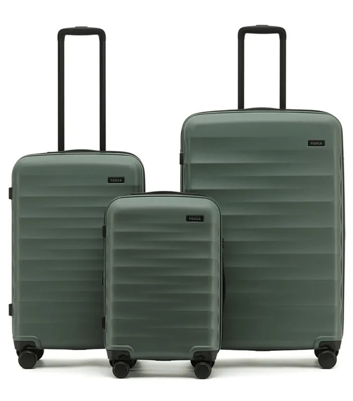 Tosca interstellar 2.0 lightweight polycarbonate olive green suitcase set with 4 wheels and expandable litres dimensions