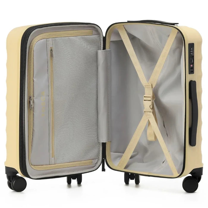 Beige tosco interstellar 2.0 53 cm expandable carry on suitcase with black trim wheels handle and premium polycarbonate shell