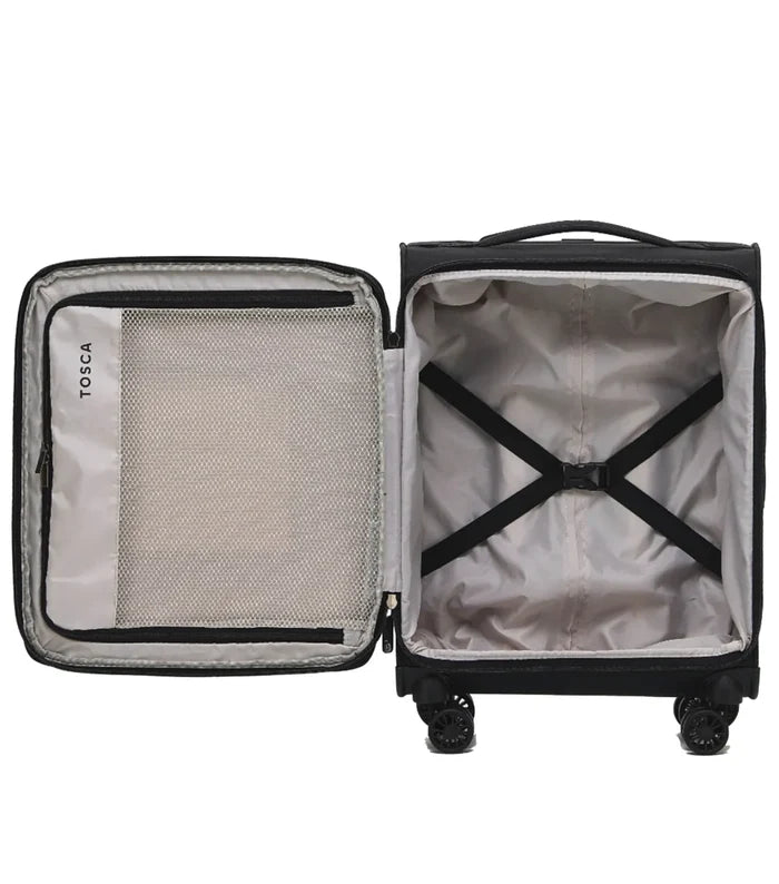 Black tosca SO LITE 4-wheel suitcase set with mesh divider and internal telescopic trolley cross-body straps