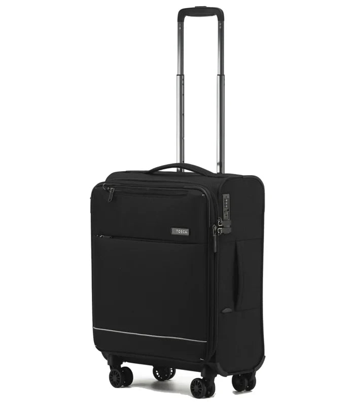 Black tosca carry-on suitcase with telescopic trolley handle, four spinner wheels, and white trim base from tosco so lite set