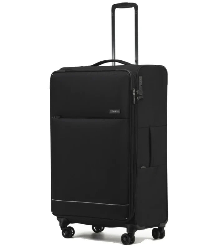 Black totem suitcase from tosco so lite set with sleek design and internal telescopic trolley for easy rolling