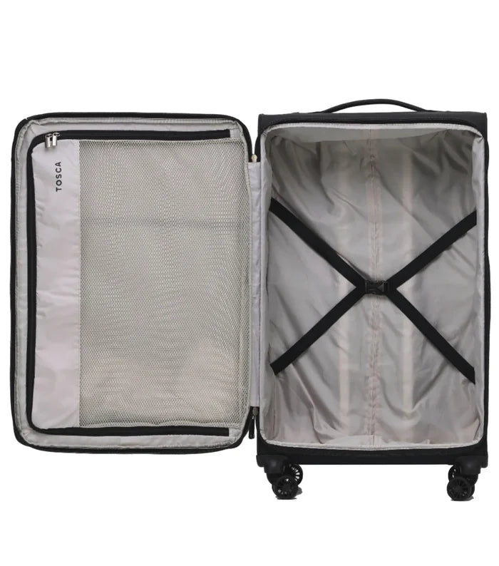 Black tosca so lite 4-wheel suitcase with mesh interior compartment and reinforced x straps featuring internal telescopic trolley