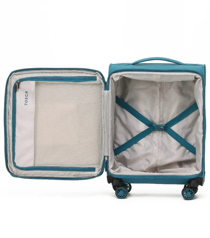 Teal tosca softside carry-on suitcase with internal telescopic trolley and organized interior for easy travel