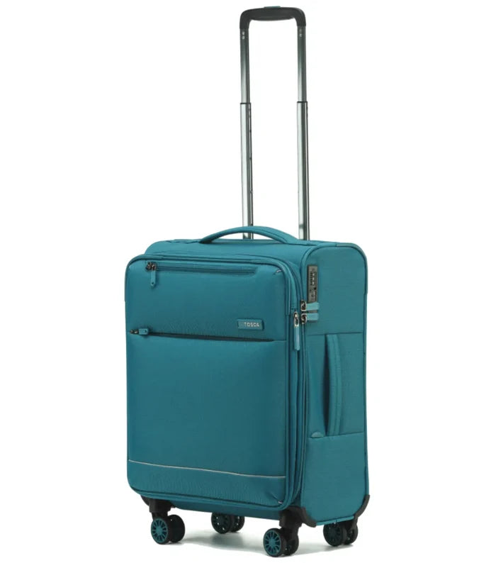 Teal tosco so lite carry-on suitcase with lightweight fabric, four spinner wheels, and internal telescopic trolley handle
