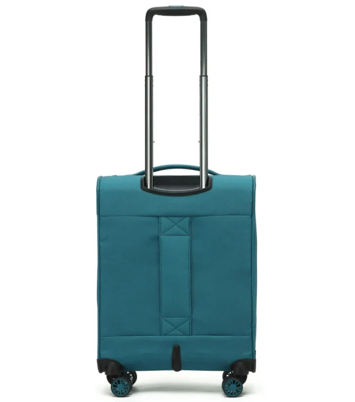 Teal tosco so lite 4-wheel soft-shell suitcase with black accents and internal telescopic trolley handle