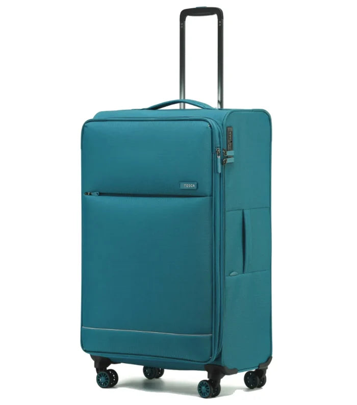 Teal soft-shell tosco so lite 4-wheel suitcase with black wheels and internal telescopic trolley handle